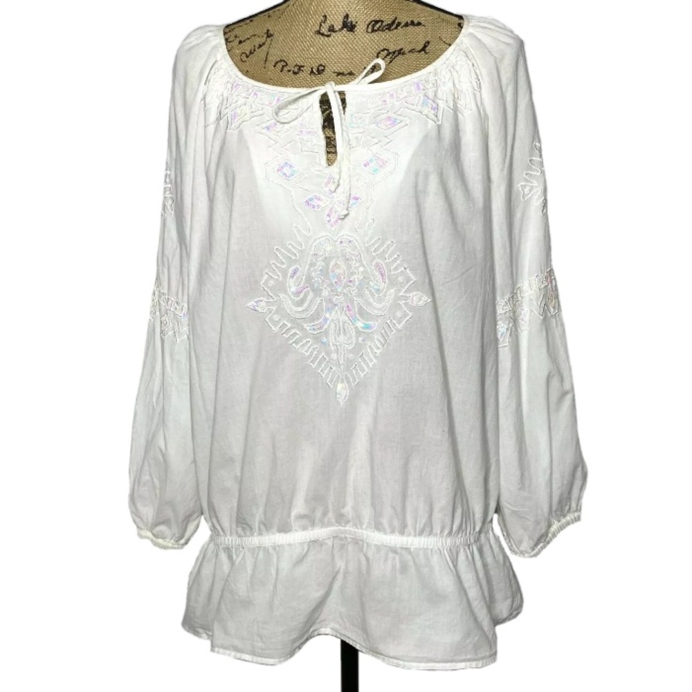 Double D Ranch White Long Sleeve Sequin Embroidered Blouse Top